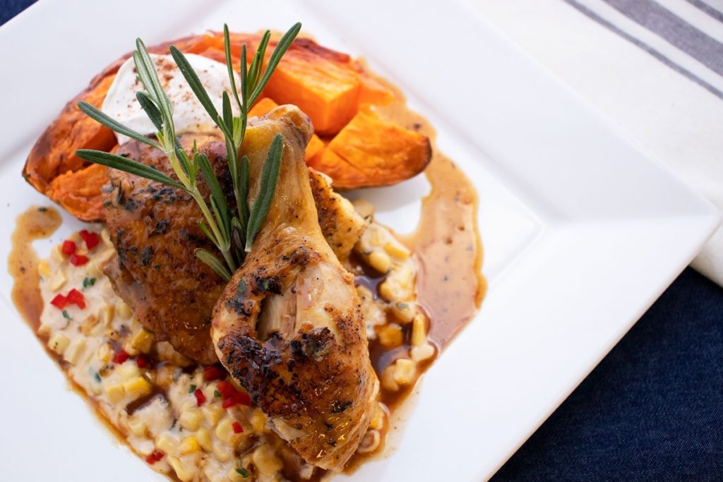 Rotisserie Style Chicken | With creamed corn & baked sweet potato topped with cinnamon butter