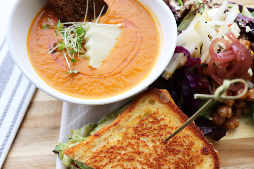 Tomato Bisque, green monster grilled cheese, and winter apple and greens salad